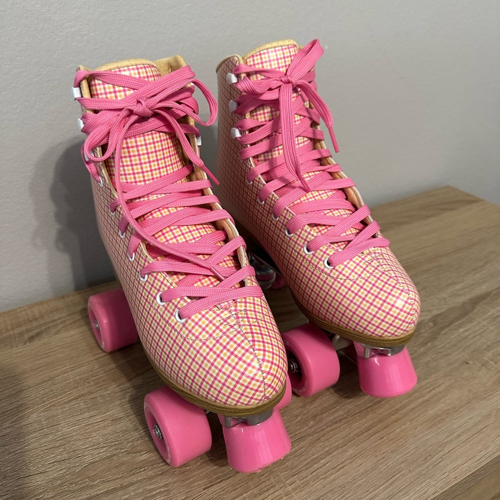 Pink and Yellow Retro Roller Skates with Quad Wheels